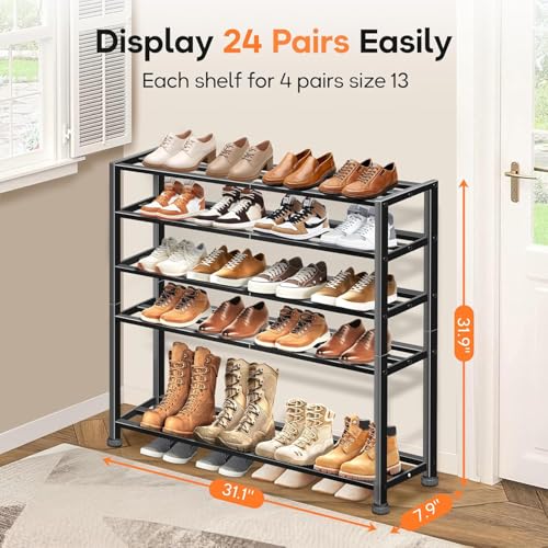 5-Tier Heavy Duty Shoe Rack for Garage Entryway, Stackable Shoe Organizer for 25 Pairs Men Boots, Shoe Rack for Closet Metal Shoe Storage Shelf, Floor, Hallway (Black)