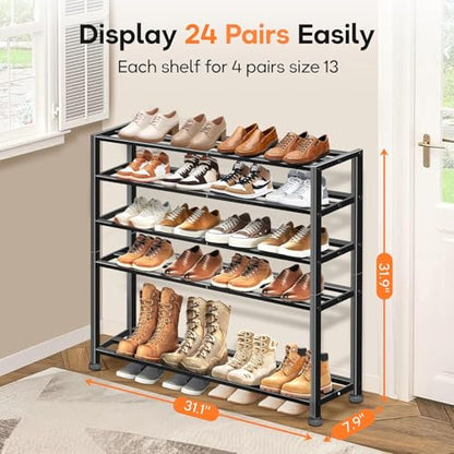 5-Tier Heavy Duty Shoe Rack for Garage Entryway, Stackable Shoe Organizer for 25 Pairs Men Boots, Shoe Rack for Closet Metal Shoe Storage Shelf, Floor, Hallway (Black)