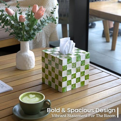 5.5" Capiz Checkered Square Tissue Box Cover, Pistachio Green | Handmade Decorative Tissue Holder With Capiz Shell Inlay, Cute Green Tissue Box Cover For Kleenex For Bathroom, Coffee Table