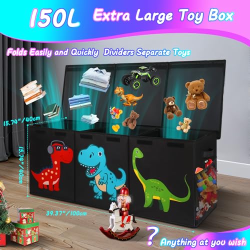 Extra Large Toy Box Chest, Collapsible Storage Bins with Lids, 40"x16"x16" | Sturdy Kids Storage Organizer Toy Bins Basket with Dividers, Bedroom Nursery Playroom Organization, Black