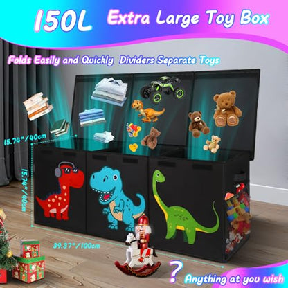 Extra Large Toy Box Chest, Collapsible Storage Bins with Lids, 40"x16"x16" | Sturdy Kids Storage Organizer Toy Bins Basket with Dividers, Bedroom Nursery Playroom Organization, Black