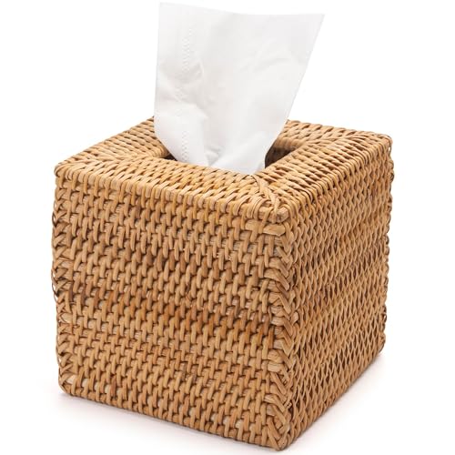 Rattan Tissue Box Cover Square, Wicker Tissue Box Holder, Decorative Woven Facial Tissue Holder for Bathroom, Kitchen, Living Room, Bedroom (Natural)