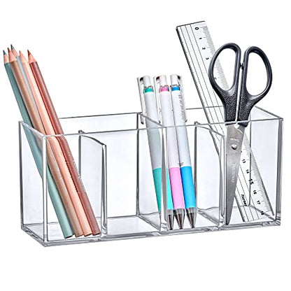 Glamour - Acrylic 4-Compartment Makeup Organizer, Transparent Plastic Makeup Brush Holder, Perfect Bathroom Vanity Storage Solution for Makeup Brushes, Eyebrow Pencils, and More