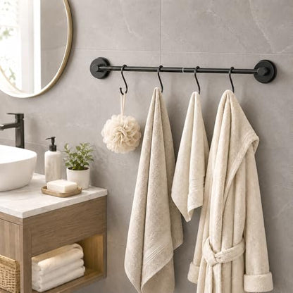 Adjustable Suction Cup Towel Bar – Towel Racks for Bathroom, 13.6-25 Inch, Stainless Steel Bathroom Towel Holder with 4 S Hooks, No Drill for Kitchen, Shower & Smooth Surfaces – Black