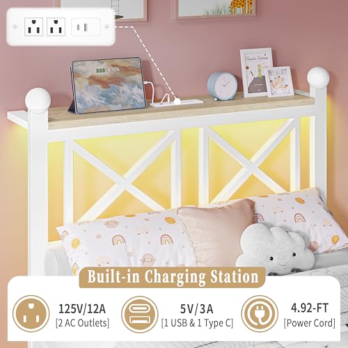 DynJest Twin White Bed Frame with Headboard and Footboard, Storage Shelf with LED Lights and Charging Station, Strong Metal Slats Support, No Box Spring Needed, Under Bed Storage, Easy Assembly