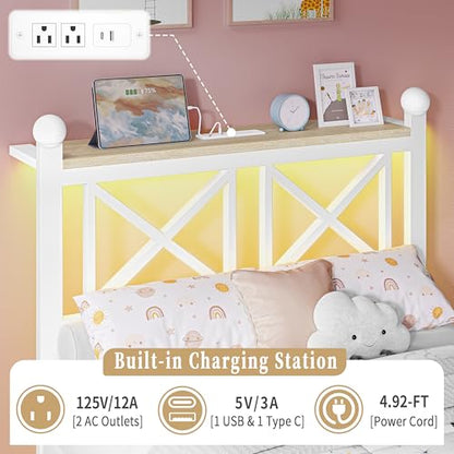 DynJest Twin White Bed Frame with Headboard and Footboard, Storage Shelf with LED Lights and Charging Station, Strong Metal Slats Support, No Box Spring Needed, Under Bed Storage, Easy Assembly