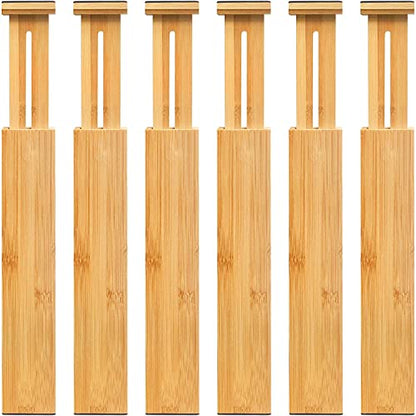 VaeFae 6-Pack Adjustable Bamboo Drawer Dividers, Expandable Drawer Organizer for Kitchen Utensils, Clothes, Bathroom, Office – Fits Drawer Interiors 16.6" to 21.8"