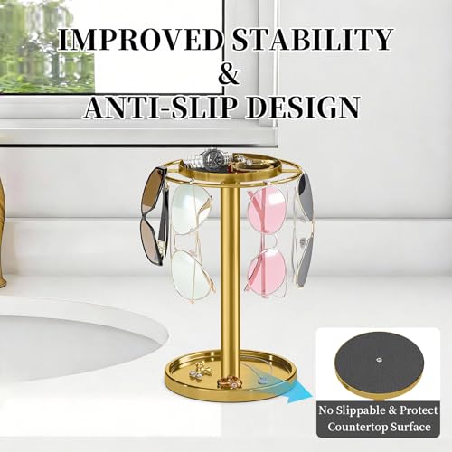360° Rotating Sunglasses Organizer, Glasses Holder with Organizer Tray | Stainless Steel Eyeglasses Holder with Storage Base for Dresser, Desk Table, Nightstand & Home Decor, Gold
