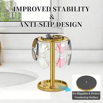 360° Rotating Sunglasses Organizer, Glasses Holder with Organizer Tray | Stainless Steel Eyeglasses Holder with Storage Base for Dresser, Desk Table, Nightstand & Home Decor, Gold