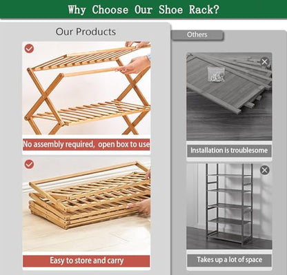 4 Tier Bamboo Shoe Rack,Portable Folding Shoe Storage Rack,Without Installation Small Shoe Rack Perfect for Corridors, Bedrooms and Small Spaces (4 Tier)