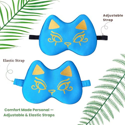 Cute Silk Sleep Mask Cat Eye mask for Sleeping Embroidered Adjustable Oversized Eye Cover Egyptian Bastet Blindfold with Gift Box（Nefertari Blue-Elastic Strap）