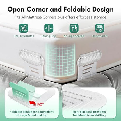 Bed Sheet Holders for Corners-4Pcs Sheet Locks for Fitted Sheets Non-Slip | Durable ABS Snap-Lock Design Keeps Mattress Sheets Firm&Tight, Foldable&Gentle, Easy No-Lift Install for All Mattress Types