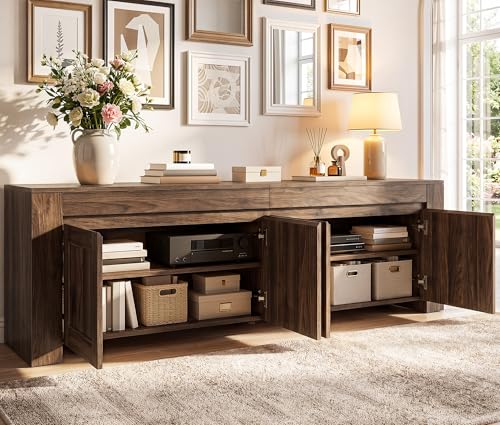 YITAHOME 70 Inch TV Stand with Storage Doors for up to 80" TVs, Dark Walnut | Farmhouse Entertainment Center with Shelves, Media Console Table with Cable Holes for Living Room