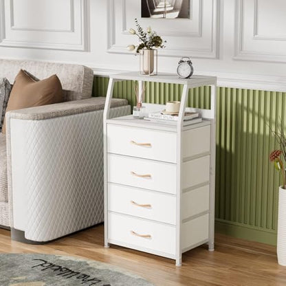 Tall Nightstand with 4 Fabric Drawers, Small Dresser for Bedroom | White Dorm Bedside Table , Dresser for Closet, Storage Drawer for Living Room, Entryway, Furniture, Metal Frame, Wood Top