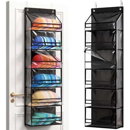 Lifewit 6 Tier Clear Over the Door Hat Rack, Baseball Caps Organizer, Black | Holds up to 84 Hats, Hanging Cap Storage Shelf with Dust Cover, Large Organizer with 2 Adjustable Hooks for Bedroom, Closet