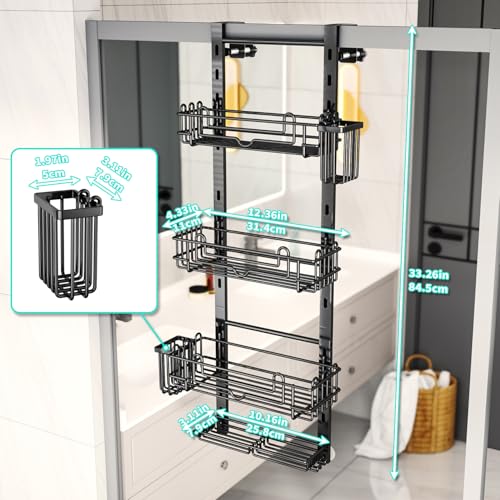 HapiRm Over the Door Shower Caddy - 4-Tier Hanging Shower Organizer with 22 Hooks and 2 Toothbrush Holders, No Drilling Adjustable Hanging Shelves for Bathroom - Black