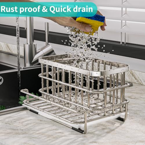 HapiRm Kitchen Sink Organizer, SUS304 Stainless Steel Rustproof Multifunctional Large Sink Caddy with Sponge Holder and Drain Tray for Kitchen Countertop (Silver)