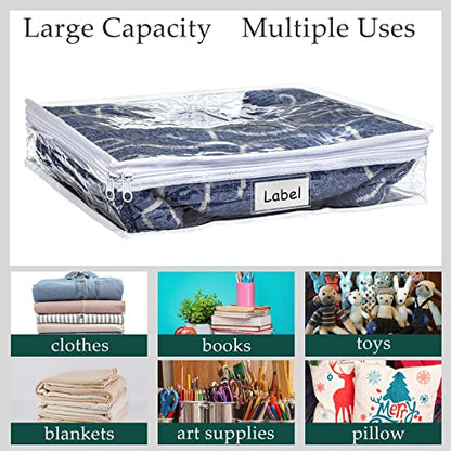 12 Pcs Clear Zippered Storage Bags Pvc Sweater Sheet Organizer Plastic Sheet Storage Sweater Bags With Zipper And Label Pocket Container For Clothes Closet Linen Pillow (14 x 12 x 3 Inch)