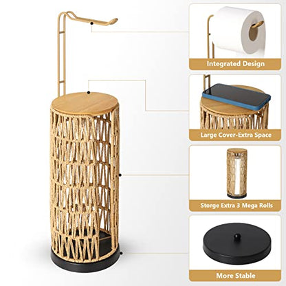 Freestanding Toilet Paper Holder with Storage,3 Rolls of Tissue Holder for Bathroom,Handmade Woven Toilet Paper Roll Holder Stand,Rattan Sturdy Boho Bathroom Decor Farmhouse Toilet Paper Storage