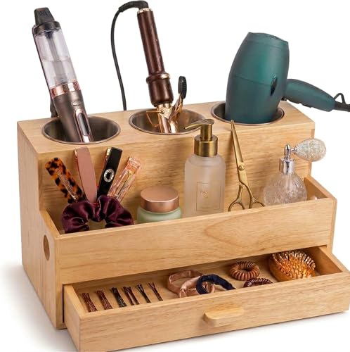 Hair Tool Organizer, Wooden | Bathroom Countertop, Heat-Safe Stainless Steel Cups, Professional Bamboo Styling Station