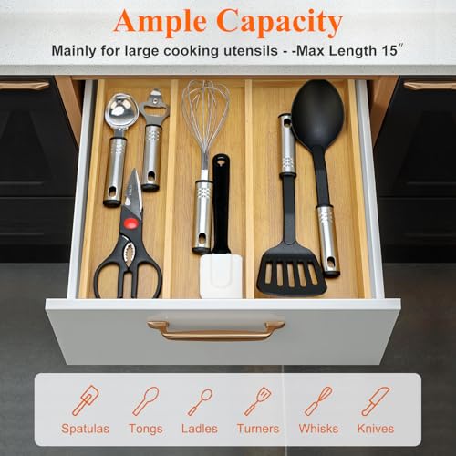 Large Bamboo Kitchen Utensil Drawer Organizer Expandable Silverware Tray | Big Cooking Utensil Drawer Divider Spoon Flatware Organizer Storage Adjustable Wooden Cutlery Holder Tool Knife Spatula Tray