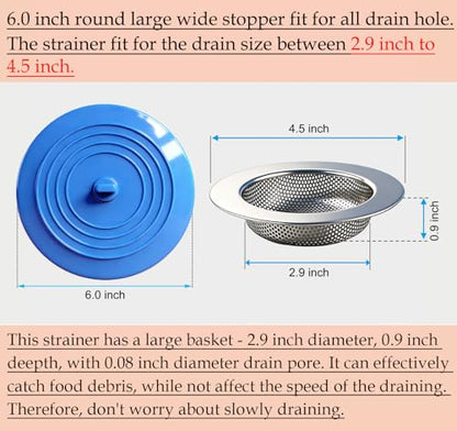 Seatery 4PCS Kitchen Sink Strainer Stopper Kit, Universal Silicone Sink Drain Plug Cover, Drain Water Stopper, 4.5 Inch Stainless Steel Sink Drain Strainer, Food Debris Catcher for Kitchen