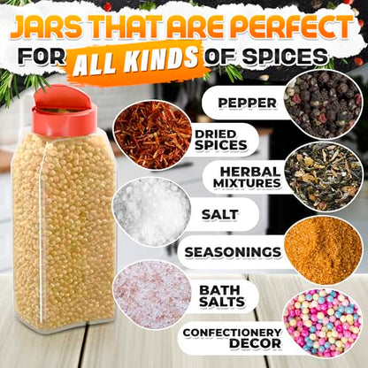 2 Pcs Seasoning Containers, 32 oz, Dual Flip-Top Lids, Plastic | Large Spice Shaker Set; Food-Grade Plastic, Airtight Seal, Wide Mouth; for BBQ Rubs, Bulk Spices, Loose Leaf Tea & Crafts