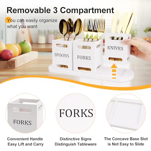 Wooden Flatware Silverware Caddy for Party Cutlery Utensil Holder Counter | Wood Silverware Organizer Countertop Knife Fork and Spoon Holder Table Utensil Caddy Basket White Kitchen Decor Accessories