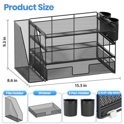 Desk Organizer, 4-Tier Desktop File Organizer with Drawer and Pen Holders, Office Desk Accessories, File Sorters, Workspace Organizers for Office Supplies(Black)