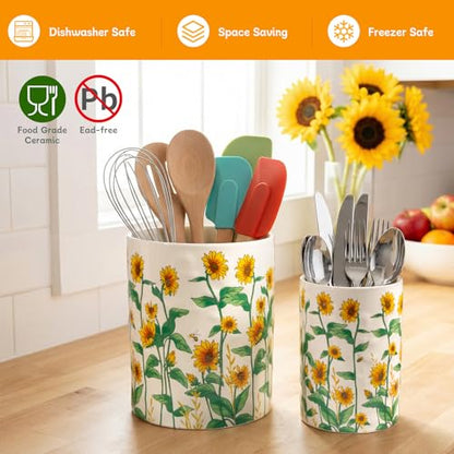 Sunflower Utensil Holder, 7.1"+5.4" Ceramic Utensi... (Yellow | Ceramic)