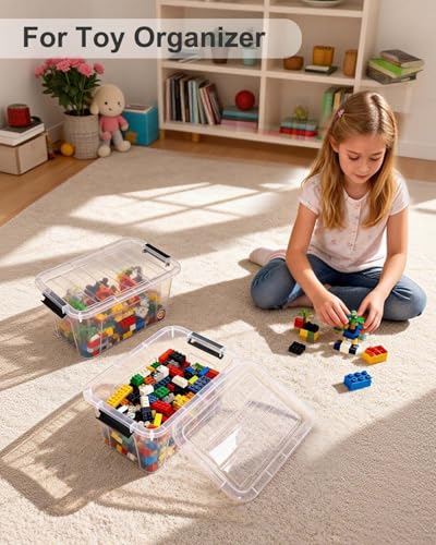 Plastic Storage Bins with Lids 6 Pack, 7 Quart Storage Containers With Black Buckle Latch, Stackable Storage Organizers for Home Pantry Office Classroom Organization, Clear