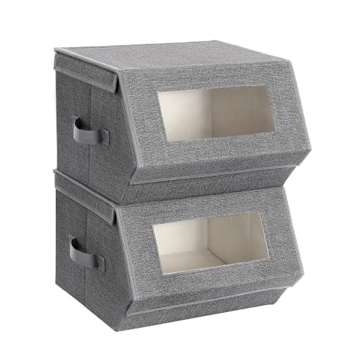 SONGMICS Stackable Storage Bins Set of 2, Storage Boxes with Lids and Front Windows, Non-Woven Fabric Closet Organizers with Magnetic Closures, Side Handles, Dark Gray URPLB02G
