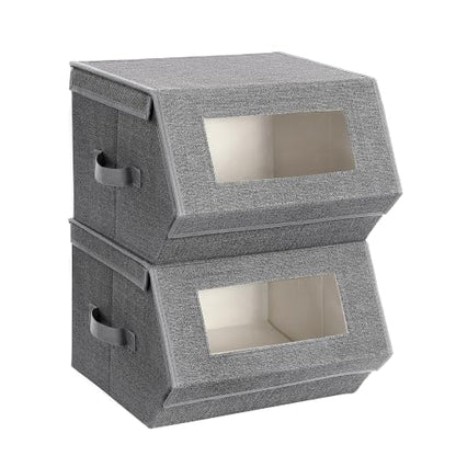 SONGMICS Stackable Storage Bins Set of 2, Storage Boxes with Lids and Front Windows, Non-Woven Fabric Closet Organizers with Magnetic Closures, Side Handles, Dark Gray URPLB02G