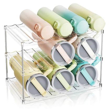 LAMU Stackable Water Bottle Organizer Holder Tumbler Cup Storage Rack | 3 Tier Clear PET Holder for Stanley 16-40oz Large Water Bottle Tumbler Cup Storage for Kitchen Cabinet Pantry Countertop