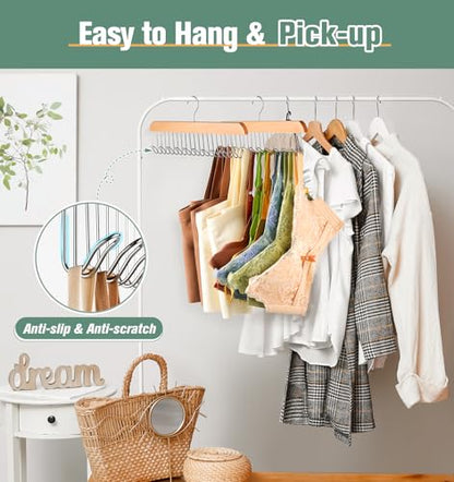 4 Pack Bra Hangers for Closet Organizer, Wood Tank Top Hangers Space Saving | Large Capacity Non-Slip Bra Organizer, Multi Hangers with 10 Hooks, Fits for Belt, Tie, Tank Top, Necklaces, Wooden Color
