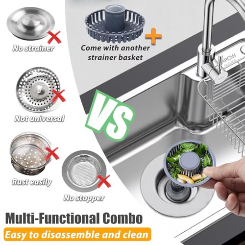 Anlige Kitchen Sink Drain Strainer, 3 in 1 Pop Up Kitchen Sink Stopper, with An Extra Basket Strainer, Universal for US Standard 3-1/2 Inch, Chrome Silver