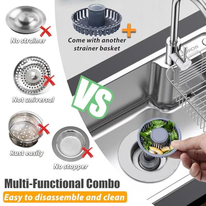 Anlige Kitchen Sink Drain Strainer, 3 in 1 Pop Up Kitchen Sink Stopper, with An Extra Basket Strainer, Universal for US Standard 3-1/2 Inch, Chrome Silver