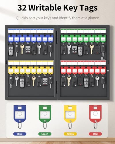 Uniclife 32 Position Key Lock Box, Wall Mount Security Key Cabinet, Black | Wider hook spacing fits car fobs, writable racks & tags for quick ID, easy mount, sturdy lock box for office hotel & company