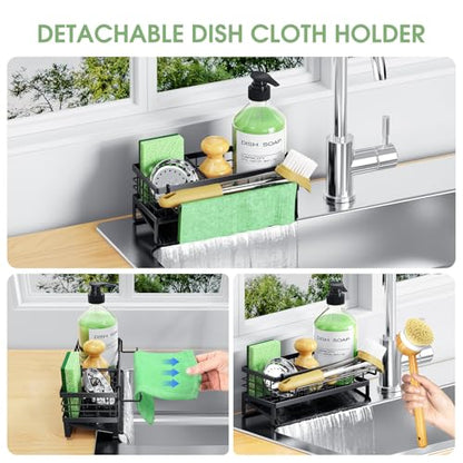 Self-Draining Kitchen Sink Caddy, Rustproof Non-Slip Metal Sponge Holder with Detachable Dish Cloth Holder (Black)