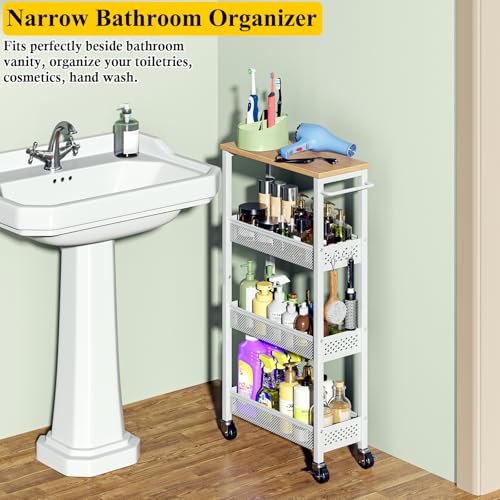 Slim Laundry Room Organization Cart with Upgraded Metal Hub Casters | Fits between washer & dryer, 4-Tier space-saving narrow rolling cart, Premium wood top & metal mesh shelf, with handle & hook
