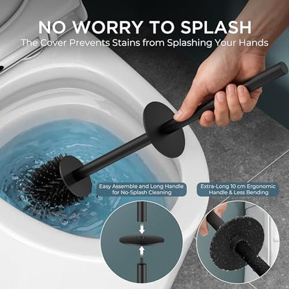 FORIOUS Toilet Brush and Holder Set with 2 Brush Head Square Medium Black | Heavy Duty 304 Stainless Steel Base, Silicone and Plastic Brush Heads, Long Handle for Deep Cleaning, Drip-Proof