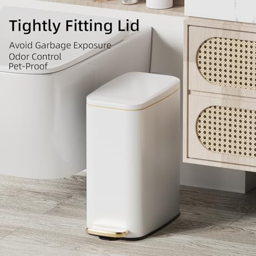 KUK Slim Bathroom Trash Can with Lid, 1.6 Gal / 6L Stainless Steel Small Garbage Bin with Detachable Inner Bucket, Step Pedal, Silent Close, Wastebasket for Toilet, Bedroom, Home, Office (White)
