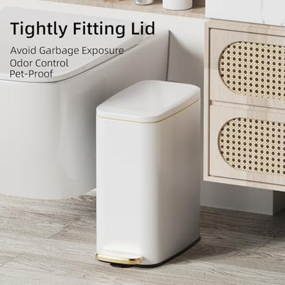 KUK Slim Bathroom Trash Can with Lid, 1.6 Gal / 6L Stainless Steel Small Garbage Bin with Detachable Inner Bucket, Step Pedal, Silent Close, Wastebasket for Toilet, Bedroom, Home, Office (White)