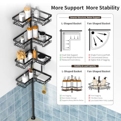 KEGII Corner Shower Caddy Tension Pole, Large Capacity Bathroom Organizer | 28 Hooks with Soap and Razor Holders, Heavy Duty 4-Tier Shelves for Family Bathtubs and Renters, Adjustable 25-114.2 inch