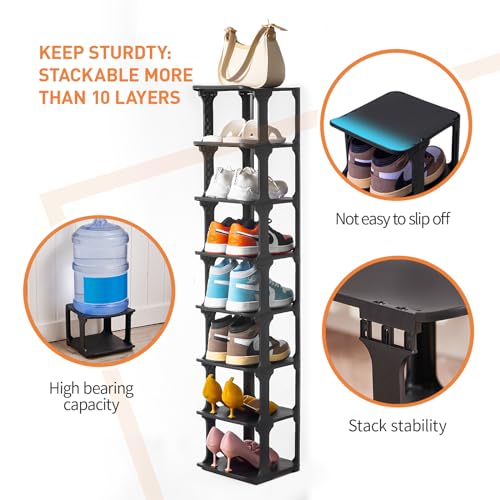 5 Tiers Vertical Shoe Rack, Narrow Free Standing Shoe Storage Organizer for Entryway and Small Closet, Stackable Shoe Holder Shelf Stability DIY, Black