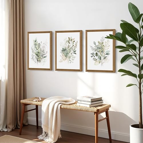 WRFON Framed Sage Green Botanical Wall Art Set of 3, Watercolor Eucalyptus & Wild Plant Canvas Prints, Minimalist Green Wall Decor for Living Room Bedroom Bathroom, 12x16 Inches