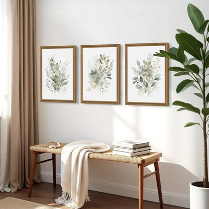 WRFON Framed Sage Green Botanical Wall Art Set of 3, Watercolor Eucalyptus & Wild Plant Canvas Prints, Minimalist Green Wall Decor for Living Room Bedroom Bathroom, 12x16 Inches