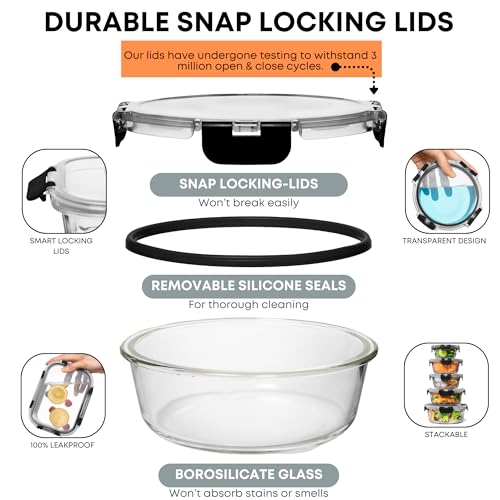 Razab 30 PC Glass Food Storage Containers with Lids - Reusable Glass Meal Prep Containers for Lunch and Leftovers - Airtight & Leakproof Snap Locking Lids - Oven, Freezer, Microwave, Dishwasher Safe