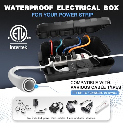 Large Outdoor Electrical Box Waterproof, for Outdoor Plug | 12.5x8.5x5inch, IP54 Extension Cord Cover Weatherproof, Protect Outlet, Socket, Power Strip, Holiday Light Decoration, Black