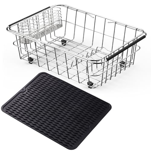 NiuYichee Stainless Steel Dish Drying Rack(15"L X 11"W X 4.1"H), Expandable Fruit & Vegetable Drain Rack over Sink, Dish Drainer Rack in Sink, with Stainless Steel Utensil Holder & Silicone Mat(16")